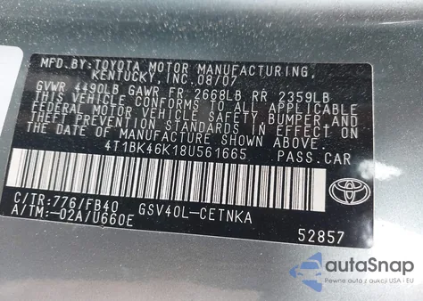 2008 Toyota Camry Le V6 из США, поврежденный, VIN 4T1BK46K18U561665